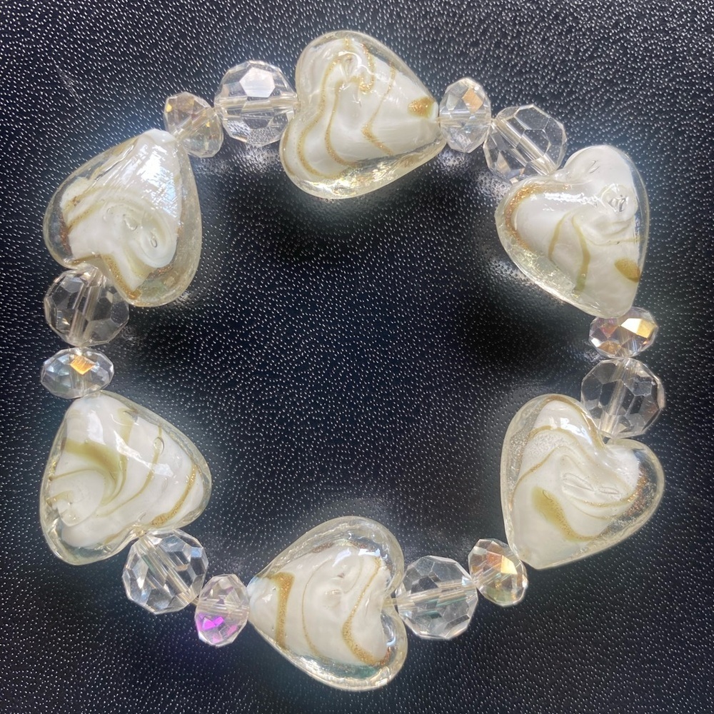Vday fun artistic heart murano/like beads with crystals stretch Bracelet